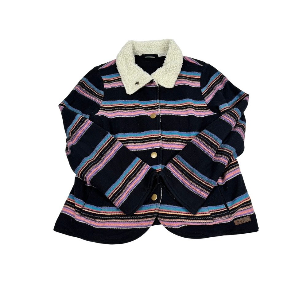 Roxy Girl Navy Blue Striped Faux Shearling Lined Snap Front Jacket Size M